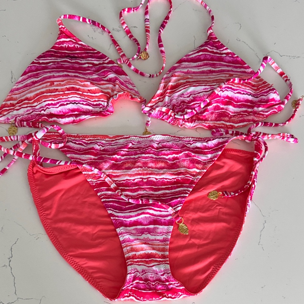 Tommy Bahama reversible Pink & Coral Striped Bikini Set with Gold Leaf Charm